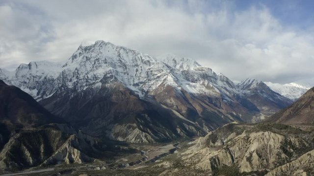 Smooth drone flight towards Annapurna Mountain. Trekking in the Himalayas.