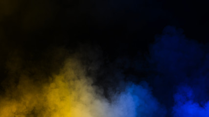 Smoke on the floor . Isolated black background . Misty fog effect texture overlays for text or space.