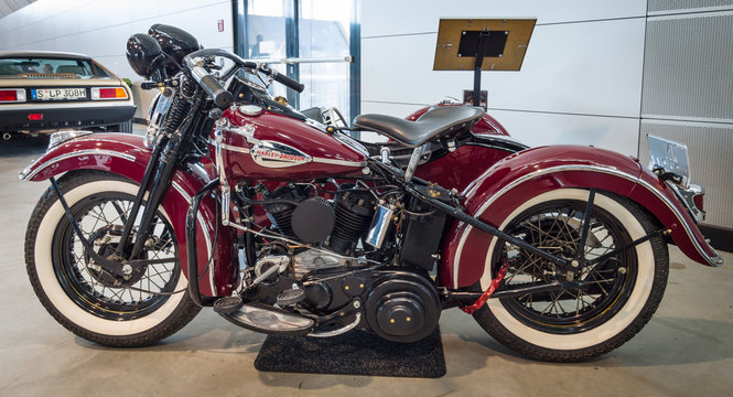 STUTTGART, GERMANY - MARCH 17, 2016: Motorcycle Harley-Davidson WLA 45 Gespann, 1944 with sidecar Simard Rocketman, 1934. Europe's greatest classic car exhibition "RETRO CLASSICS"