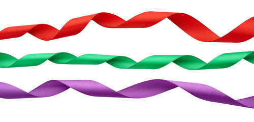 set of twisted silk red, green, purple ribbons isolated on white background