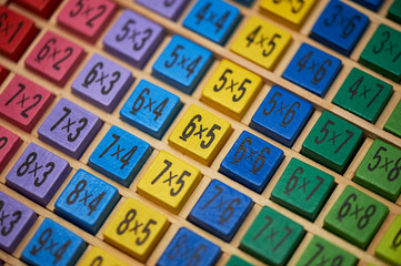 Multiplication table . Macro mode. Colored wooden cubes. Teaching children math and numeracy. Mental math.