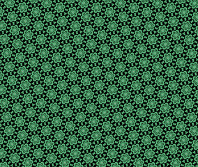 Green lace flower pattern. Abstract seamless ornamental background. Crochet, cloth, mosaic. Geometric ethnic simple wallpaper. Repetitive textile ornament. Radial, floral, oriental fabric texture