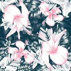 Seamless pattern pink hibiscus and white lily flowers and palm leaves on dark green background.Vector illustration line art drawing.