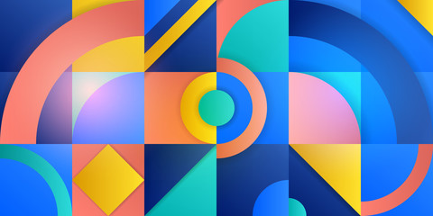 Trending background in cubism style. Illustration with abstract figures. Circles, rhombuses, squares and triangles with a gradient. Template for advertising, blog and social media. Vector illustration