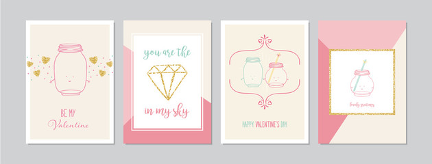 Fototapeta na wymiar Valentine`s Day cards set with hand drawn elements like hearts, golden diamond and mason jar. Doodles and sketches vector vintage illustrations, DIN A6.