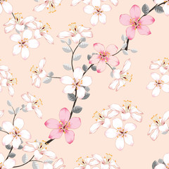 Seamless pattern pink wild flowers on isolated pastel background.Vector illustration hand drawing line art.For fabric design.