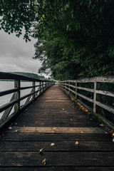 Fototapeta premium Wooden walkway or bridge on the side of a lake. Old wooden walkway on the banks of a lake. Autumn view of a wooden path and a lake.