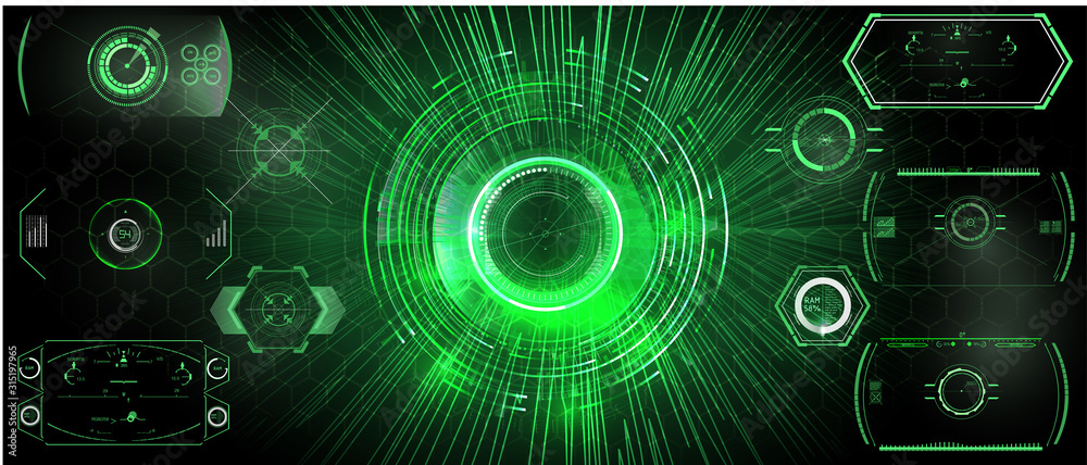 Poster control panel or hud interface. vector illustration. dark spaceship interior with large window view 