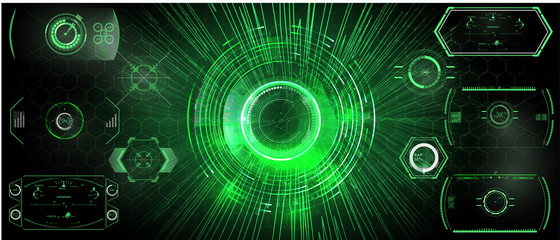 Obraz premium Control panel or HUD interface. Vector illustration. Dark spaceship interior with large window view Concept and screen design, technology and science circuits