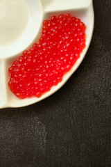 red caviar (seafood, salmon caviar) menu concept. food background. top view. copy space