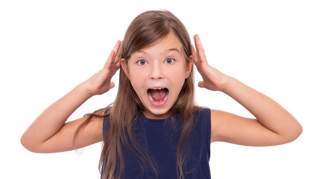 Little Girl In Shock Or Stress On A White Background.