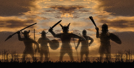 Five silhouettes of giant celestial norse gods-warriors Vikings from Valhalla against sunset sky and horizon with a line of trees, mosaic effect, panorama, creative illustration - obrazy, fototapety, plakaty