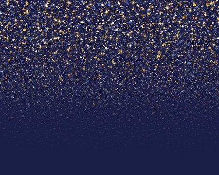 Falling Bright Sparkling Particles. Gold Glitter Confetti. Falling Sparkles. Golden Light Effect. Abstract Bokeh Lights. Design Wedding Celebration. Gold Dust On Blue Background. Sparkling Starry Sky