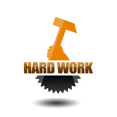 Hard work icon with hameer and gearwheel isolated on white background