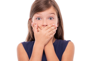 Little girl covered her mouth with her hands. Isolated on white.