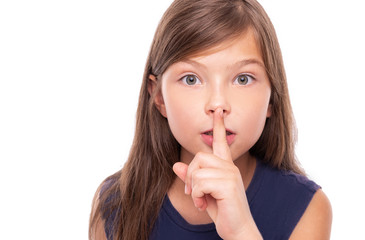 Naklejka premium Little girl presses her finger to her lips. Isolated on white.