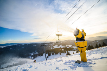 Snow cannon in action at ski resort