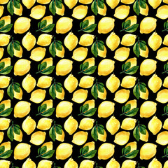 Seamless hand rawn watercolor lemon pattern on black background. Botanical illustration of yellow citrus fruits. Ideal for food packaging design