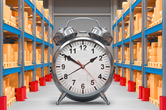 Fast delivery concept. Alarm clock in warehouse. 3D rendering