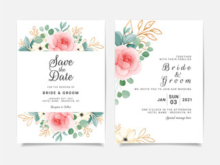 Elegant rose and leaves wedding invitation card template design. Flowers border with outlined floral illustration