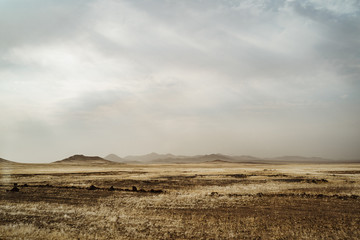 Obraz premium wideangle panorama photo of brush and wilderness mountain range in wild south west Africa