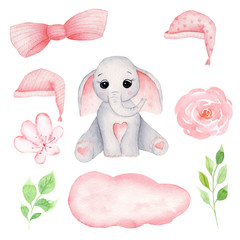 Cute baby elephant hand drawn watercolor illustrations set