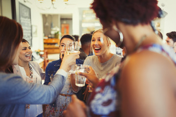 Enthusiastic women friends toasting wine glasses at bar