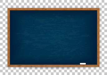 Realistic blue chalkboard with wooden frame isolated on transparent background. Template blackboard for design. Rubbed out dirty chalkboard. Empty school chalkboard for classroom or restaurant menu