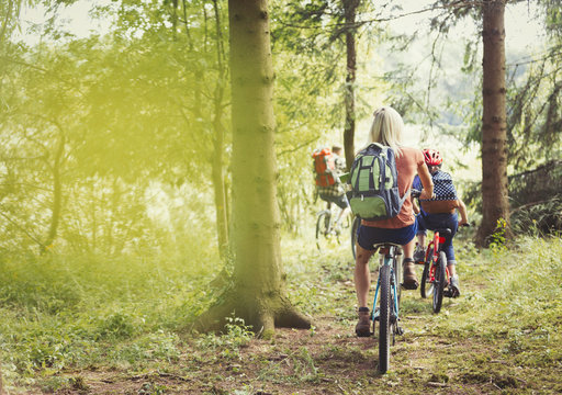 Family Mountain Biking On Trail In Woods