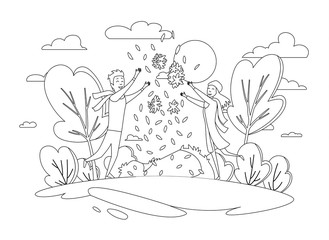 Happy people in an autumn park. Trend colors. Vector illustration in cartoon flat style. Autumn background - landscape illustration with autumn forest. Sketch design