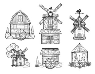 Rural windmill and watermill set - obrazy, fototapety, plakaty