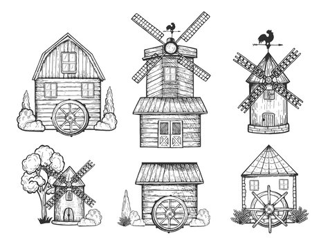 Rural windmill and watermill set