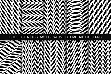 Collection of vector decorative seamless geometric patterns. Weave striped black and white textures. Abstract monochrome contemporary backgrounds