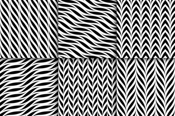 Set of vector seamless geometric patterns. Weave striped black and white textures. Abstract monochrome backgrounds
