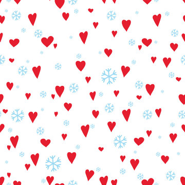 Silhouettes seamless pattern with cute hearts and snowflakes. Happy Valentine's day - Vector