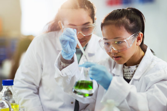 Girl students conducting chemistry experiment in classroom laboratory