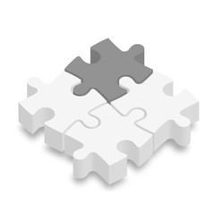 3D jigsaw puzzle pieces. White pieces with one dark grey highlighted. Team cooperation, teamwork or solution business theme. Vector illustration with dropped shadow