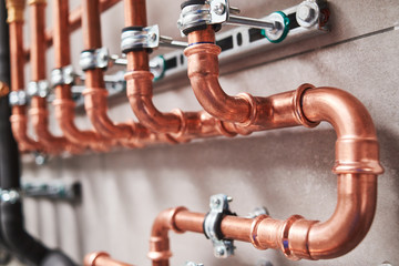 Plumbing service. copper pipeline of a heating system in boiler room - 315207935