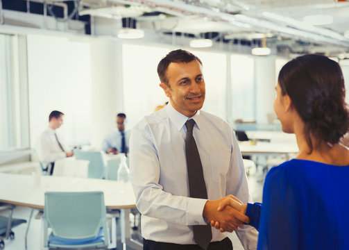 Businessman shaking hands with businesswoman in office