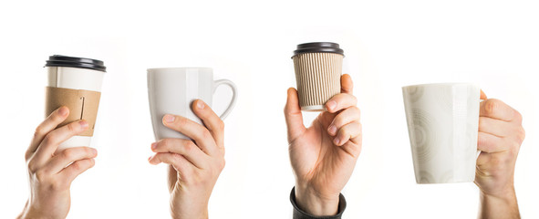 people hands with different cups of tea and coffee in office