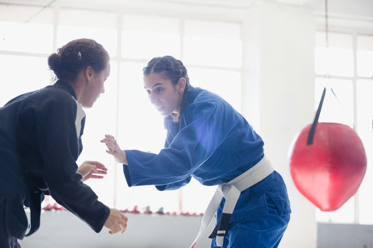 Women practicing judo in gym