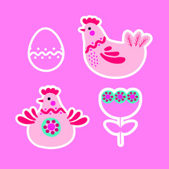 Template with Easter symbols, chickens, egg and spring flower. Cute vector illustration