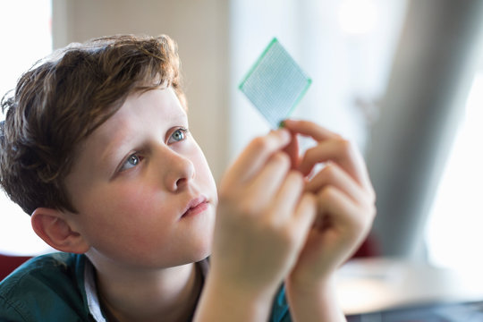Curious, focused boy examining computer chip in classroom