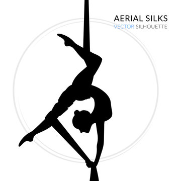 Silhouettes of a gymnast in the aerial silks. Illustration on white background. Air gymnastics concept