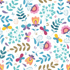 Vector flower illustration. Botanic seamless pattern with different flowers in traditional style. Folk gentle floral background