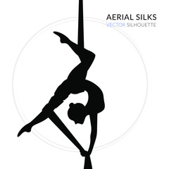 Silhouettes of a gymnast in the aerial silks. Vector illustration on white background. Air gymnastics concept