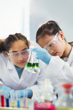 Girl students examining liquid in beaker, conducting scientific experiment in laboratory classroom