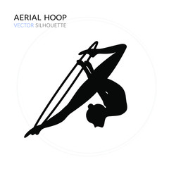 Silhouettes of a gymnast in the aerial hoop. Vector illustration on white background. Air gymnastics concept