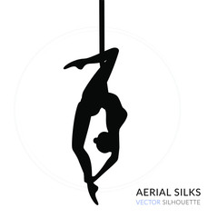 Silhouettes of a gymnast in the aerial silks. Vector illustration on white background. Air gymnastics concept