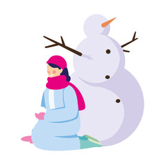 woman with snowman on white background
